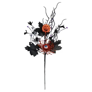 Διακοσμητικό κλαδί Halloween με κολοκύθα, μαύρα φύλλα και τρομακτικό λουλούδι μάτι
