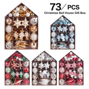 Christmas Ball Ornaments Set Painted House Gift Box Xmas Tree Hanging Pendants Holiday Party Decor Plastic Multicolor Mixed Shapes