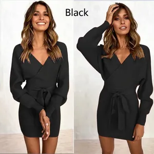 Sexy black V-neck wrap mini dress with long sleeves and adjustable waist tie belt