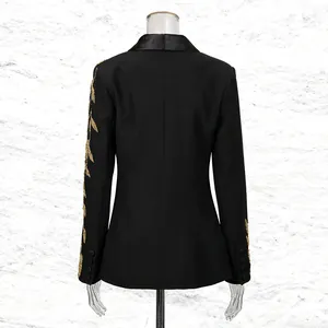 Back view of luxury black slim-fit blazer with intricate gold leaf embroidery details