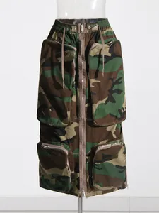 Close-up of high-waist camouflage cargo skirt with multi-pocket and zipper details