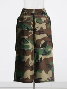 Detail back view of a high-waisted camouflage midi skirt with cargo flap pockets