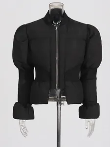 Stylish black slim-fit puffer jacket featuring dramatic puff sleeves and flared cuffs