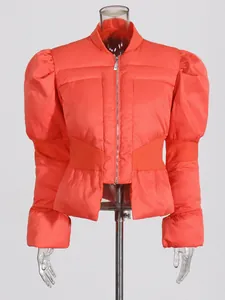 Chic orange puff sleeve puffer jacket with slim fit waist and flared cuffs design
