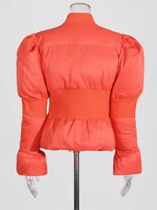 Coral orange puffer jacket featuring puff shoulders and flared sleeves, slim fit back view.