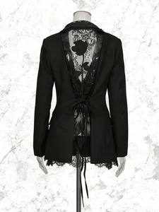 Elegant black slim-fit blazer with intricate lace back and rose design detail