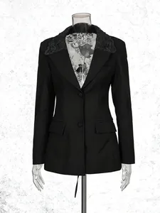 Elegant slim fit black blazer for women featuring a delicate hollow lace collar detail
