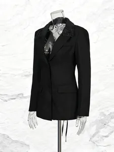 Elegant black slim-fit blazer with lace V-neck collar for professional commuting style.
