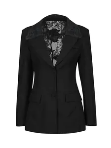 Elegant black slim fit blazer with sexy floral lace hollow-out back design