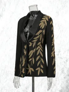 Elegant luxury women black blazer with gold leaf embroidery and deep V-neck slim fit