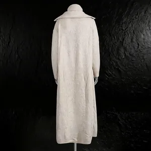 Detailed back view of long cream knitted cardigan featuring high collar and textured finish
