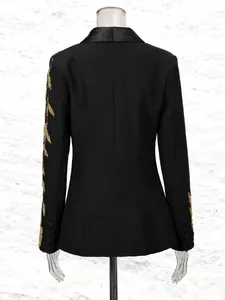 Luxury black slim fit blazer with intricate gold embroidery on sleeves, detailed back view