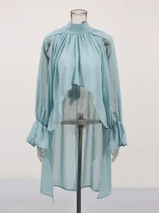 Elegant light blue sheer chiffon blouse featuring high neck and irregular high-low hem.