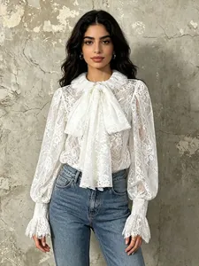 Camicetta in Pizzo Dolce Francese Fiocco Manica a Lanterna Ricamo Camicia Donna Elegante Floreale Top Pullover Semi-Trasparente