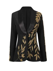 Elegant black slim fit blazer for women with heavy gold leaf embroidery court style