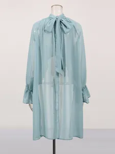 French casual sheer blouse for women with elegant back bow tie and long sleeves