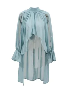 Elegant light blue mock neck blouse with irregular high-low hem and sheer long sleeves