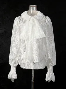 Elegante camicetta in pizzo bianco stile francese con maniche a lanterna e grande fiocco