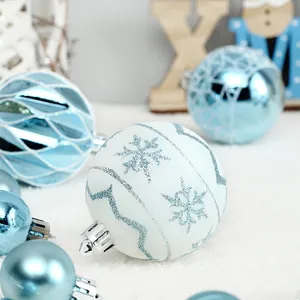 Exquisite blue and white Christmas bauble set with glittery snowflake patterns for tree decoration