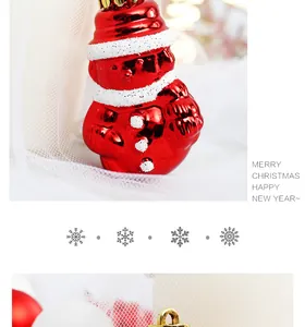 Detail view of a shiny red festive Christmas snowman ornament with glitter accents