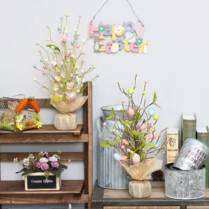 Decorative Easter egg tree with LED lights and burlap base for home tabletop decor