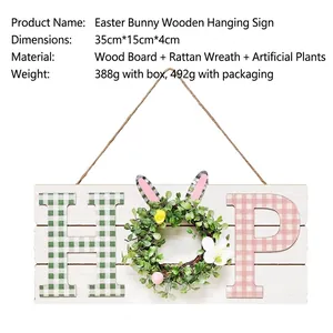 Osterhasen-Holzschild mit Kunstblumenkranz und HOP-Buchstaben als Hängedekoration