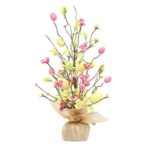 Decorative LED lighted Easter egg tree with colorful berries and burlap base ornament