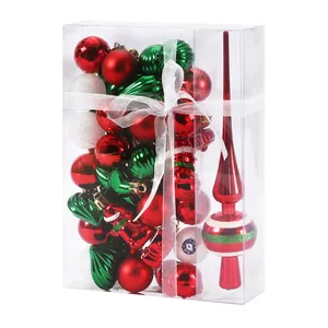 Assorted 34-piece red and green Christmas ball ornament set with tree topper in a clear gift box