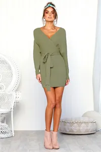 Sexy olive green V-neck long-sleeve knitted dress with a flattering tie-waist design.