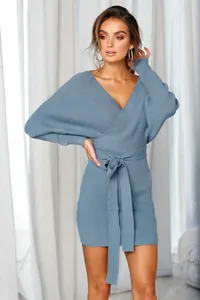 Elegant blue long sleeve V-neck ribbed knit mini dress with an adjustable waist tie.
