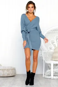 Elegant blue V-neck ribbed knit long sleeve mini dress featuring a wrap waist tie design