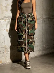 Women High Waist Cargo Midi Skirt With Multi Pockets Zipper Front Bodycon Cotton Polyester Skirt For Summer Streetwear Daily