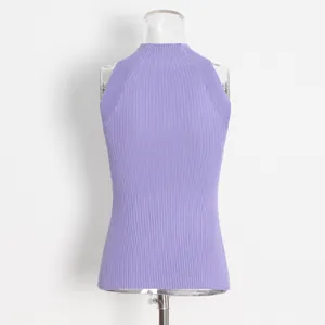 Detailed view of lavender purple ribbed knit sleeveless top with a stylish high neckline