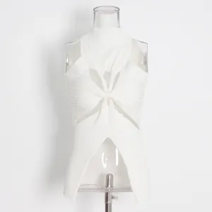 White sleeveless turtleneck knit top featuring a sexy cut-out twist design for women