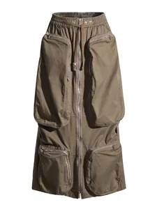 High-waisted brown midi cargo skirt with multi-pocket design and front zipper detail
