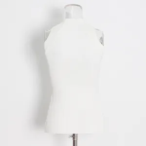 Detailed back view of a white ribbed knit sleeveless standing collar vest on a mannequin