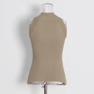 Detailed back view of a khaki ribbed knit sleeveless mock neck top on mannequin.