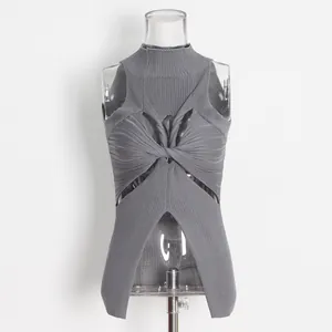 Close-up of a grey sleeveless knitted top featuring a stylish twist knot and cut-out details.