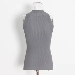 Detailed back view of a grey sleeveless ribbed knit tank top with a mock neck
