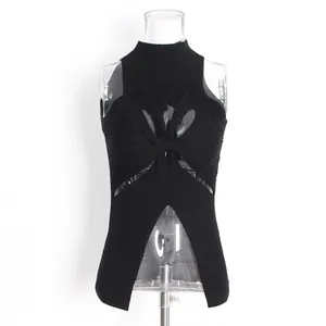 Elegant sleeveless black knitted top with stand collar and intricate front hollow-out design