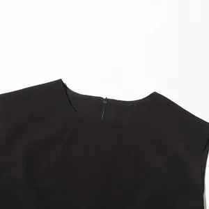Close-up detail of the round neckline and back zipper on a black sleeveless top.