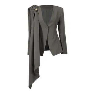 Elegant dark gray blazer for women featuring a unique draped shoulder scarf detail