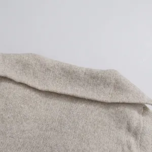Close-up of beige knit turtleneck collar showing detailed texture