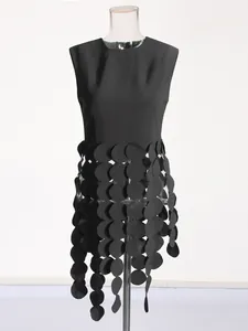 Modern black sleeveless top featuring avant-garde round patch fringe design for women