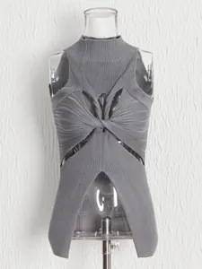 Grey sleeveless high neck ribbed knit top with twist knot and chic cut-out design