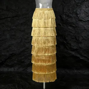 Elegant gold tiered fringe long skirt with a high waist design for fashion events