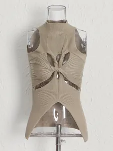 Sexy khaki knit sleeveless top with stand collar and irregular cutout design for women.