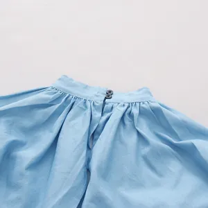 Gedetailleerde weergave van vintage opstaande kraag en plooien op lichtblauwe pofmouwen blouse