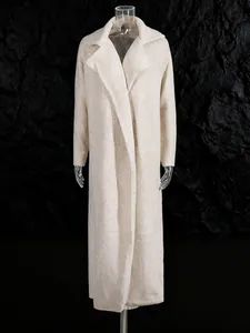 Fashionable elegant off-white long wool blend coat with large lapel displayed on mannequin