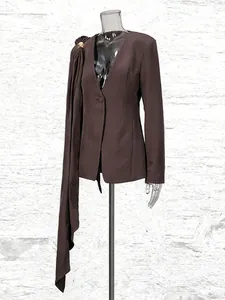 Sophisticated dark brown V-neck blazer for women featuring an elegant long shoulder drape detail.